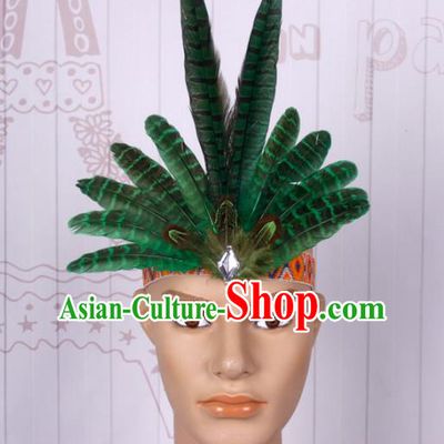 Halloween Catwalks Apache Chief Green Feather Hair Clasp Cosplay Primitive Tribe Feather Hat for Adults