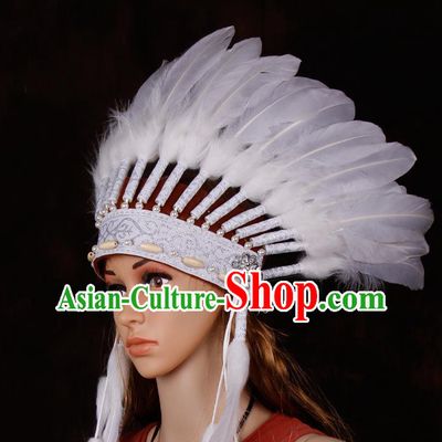 Halloween Catwalks Apache Chief White Feather Headdress Cosplay Thanksgiving Day Primitive Tribe Feather Hat for Adults