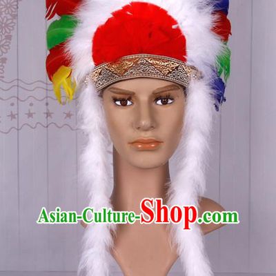 Halloween Catwalks Apache Chief Colorful Feather Headdress Cosplay Thanksgiving Day Primitive Tribe Feather Hat for Adults