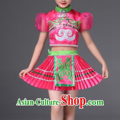 Chinese Traditional Ethnic Costumes Miao Nationality Folk Dance Rosy Dress for Kids