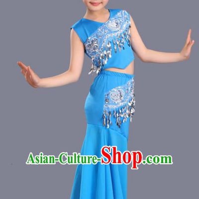 Chinese Traditional Ethnic Costumes Dai Nationality Folk Dance Pavane Blue Dress for Kids
