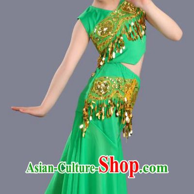Chinese Traditional Ethnic Costumes Dai Nationality Folk Dance Pavane Green Dress for Kids