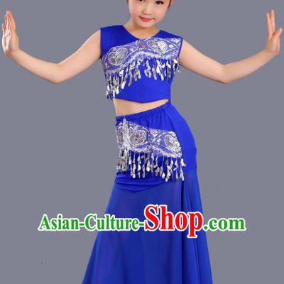 Chinese Traditional Ethnic Costumes Dai Nationality Folk Dance Pavane Royalblue Dress for Kids