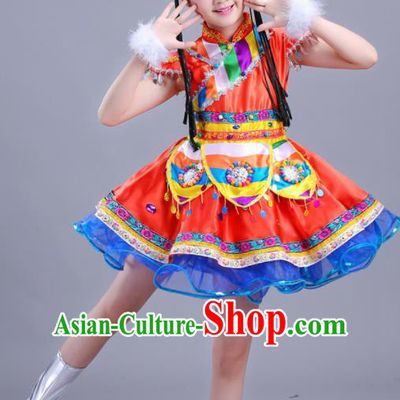 Chinese Traditional Ethnic Costumes Mongolian Nationality Folk Dance Red Dress for Kids