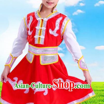 Chinese Traditional Ethnic Costumes Mongolian Nationality Folk Dance Dress for Kids