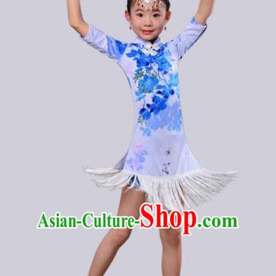 Chinese Traditional Classical Dance Costumes Latin Dance Blue Qipao Dress for Kids