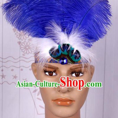 Halloween Catwalks Blue Feather Headdress Cosplay Apache Knight Feather Hair Clasp for Adults