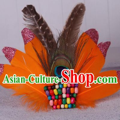 Halloween Catwalks Orange Feather Hair Accessories Cosplay Primitive Tribe Feather Hair Clasp for Kids