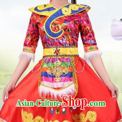Chinese Traditional Tibetan Ethnic Costumes Zang Nationality Folk Dance Red Dress for Women