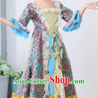 Top Grade European Classical Dance Costumes Court Dance Blue Full Dress for Kids