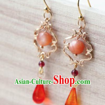 Traditional Chinese Earrings Ancient Handmade Palace Lady Agate Ear Accessories for Women