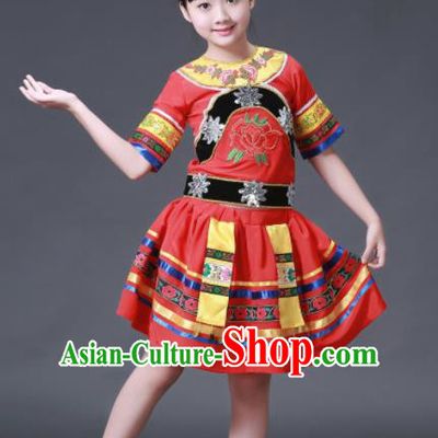 Chinese Hmong Ethnic Costumes Traditional Miao Nationality Folk Dance Red Dress for Kids