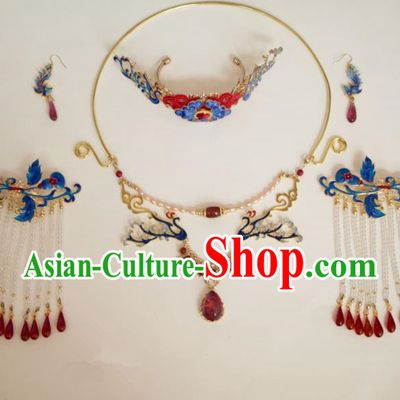 Chinese Traditional Handmade Blueing Hair Accessories Ancient Hairpins Necklace Complete Set for Women