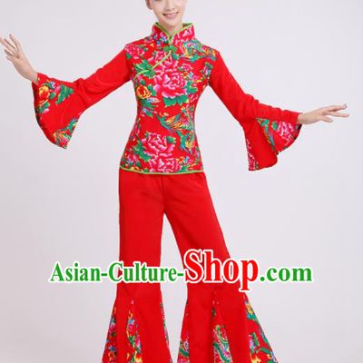 Chinese Traditional Classical Dance Costumes Folk Dance Yanko Fan Dance Red Clothing for Women