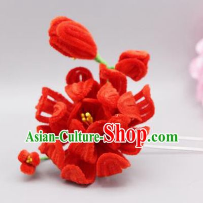 Chinese Traditional Handmade Hair Accessories Ancient Qing Dynasty Queen Red Velvet Flower Hairpins for Women