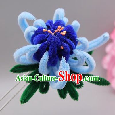 Chinese Traditional Handmade Hair Accessories Ancient Qing Dynasty Queen Blue Velvet Flower Hairpins for Women