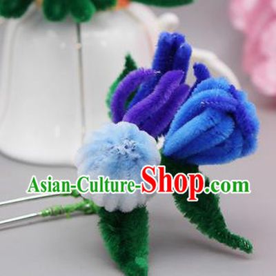 Chinese Traditional Handmade Hair Accessories Ancient Qing Dynasty Velvet Flower Hairpins for Women