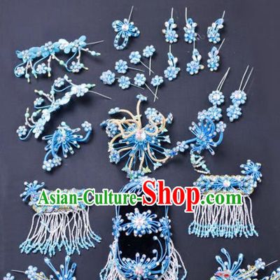 Chinese Traditional Peking Opera Diva Hair Accessories Ancient Princess Blue Hairpins Headwear for Adults