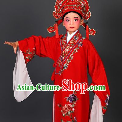 Chinese Traditional Peking Opera Niche Costume Ancient Scholar Red Robe and Hat for Kids