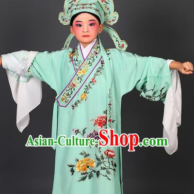Chinese Traditional Peking Opera Niche Costume Ancient Scholar Green Robe and Hat for Kids