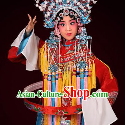 Chinese Traditional Peking Opera Empress Costumes Ancient Queen Red Dress and Headwear for Kids