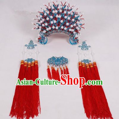 Chinese Traditional Peking Opera Actress Hat Ancient Bride Red Tassel Phoenix Coronet for Adults