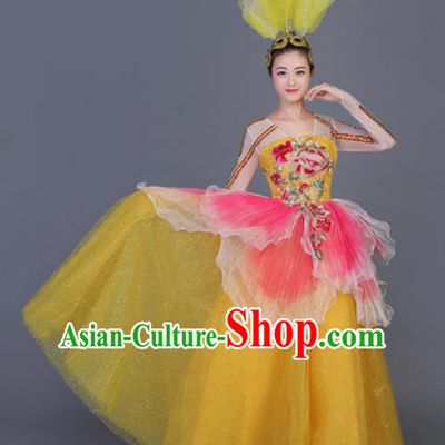 Professional Opening Dance Costume Stage Performance Flowers Yellow Dress for Women