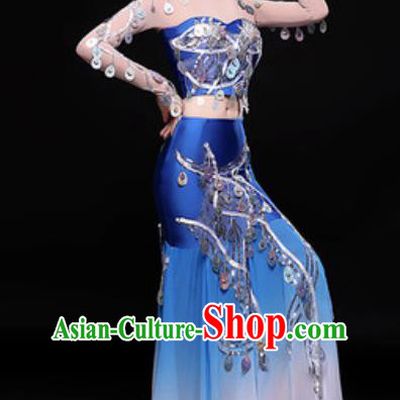 Chinese Traditional Dai Nationality Folk Dance Costumes Peacock Dance Blue Dress for Women