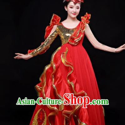 Professional Opening Dance Costume Stage Performance Chorus Red Dress for Women