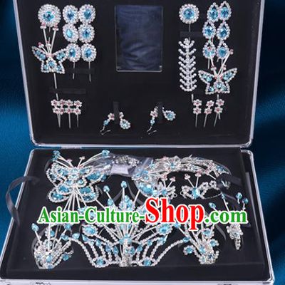 Chinese Traditional Peking Opera Princess Blue Crystal Hair Accessories Ancient Fairy Phoenix Hairpins for Women