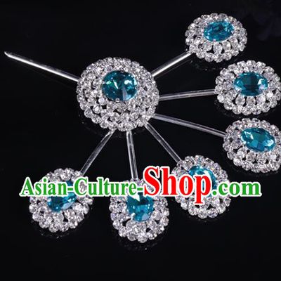 Chinese Traditional Peking Opera Diva Hair Accessories Blue Crystal Hairpins for Women