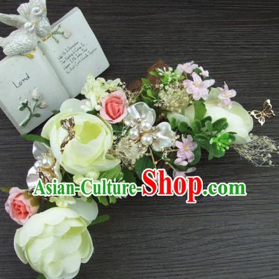 Top Grade Handmade Wedding Hair Accessories White Rose Hair Stick Headwear for Women