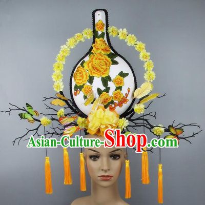 Handmade Halloween Yellow Peony Vase Hair Accessories Chinese Stage Performance Hair Clasp Headdress for Women