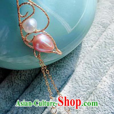 Chinese Traditional Handmade Wedding Necklace Ancient Hanfu Pink Pearl Necklet for Women