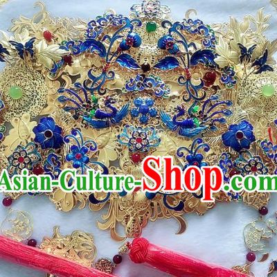 Handmade Chinese Ancient Blueing Hair Accessories Phoenix Coronet Hanfu Hairpins Complete Set for Women