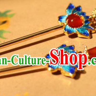 Chinese Traditional Handmade Agate Hair Clip Hair Accessories Ancient Blueing Lotus Hairpins for Women