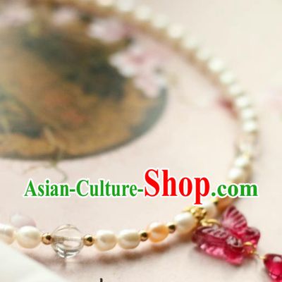 Traditional Chinese Handmade Pearls Necklace Ancient Red Butterfly Necklet Accessories for Women