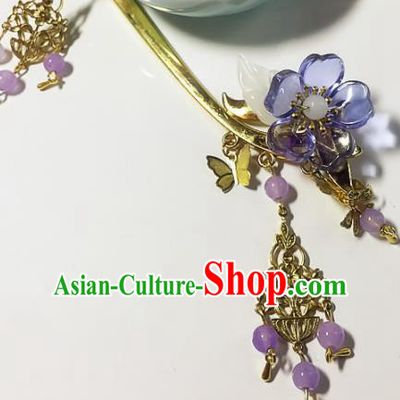 Chinese Handmade Ancient Palace Hair Accessories Hanfu Purple Flowers Hairpins for Women