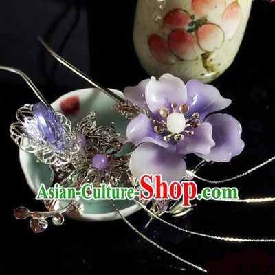 Chinese Handmade Ancient Palace Hair Accessories Hanfu Purple Flower Hairpins for Women