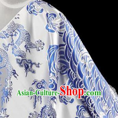 Asian Chinese Traditional Fabric White Satin Brocade Silk Material Classical Dragons Pattern Design Satin Drapery