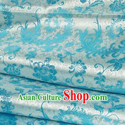 Asian Chinese Traditional Tang Suit Fabric Blue Satin Brocade Silk Material Classical Pattern Design Drapery