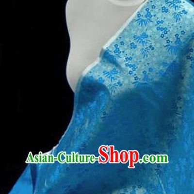 Asian Chinese Traditional Tang Suit Fabric Blue Satin Brocade Silk Material Classical Plum Blossom Bamboo Pattern Design Drapery