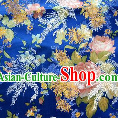 Asian Chinese Traditional Tang Suit Fabric Royalblue Brocade Silk Material Classical Peony Chrysanthemum Pattern Design Drapery
