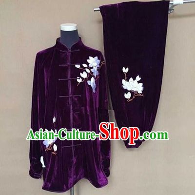 Chinese Traditional Kung Fu Martial Arts Purple Velvet Costumes Tai Chi Training Clothing for Women