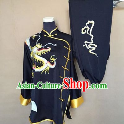 Chinese Traditional Martial Arts Black Costumes Tai Chi Kung Fu Training Embroidered Dragon Clothing for Adults