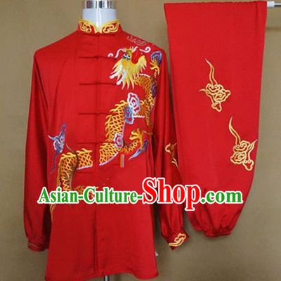 Chinese Traditional Martial Arts Red Costumes Tai Chi Kung Fu Training Embroidered Dragon Clothing for Adults