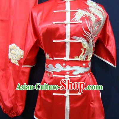 Chinese Traditional Kung Fu Embroidered Phoenix Red Silk Costumes Martial Arts Tai Chi Training Clothing for Women