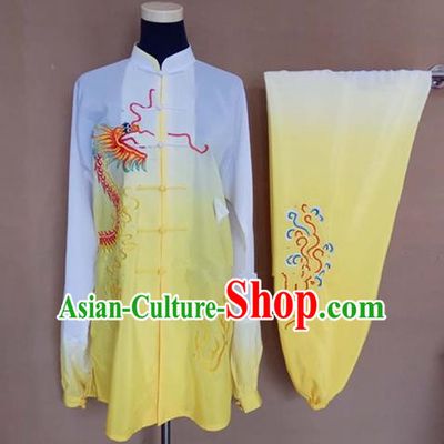 Chinese Traditional Martial Arts Embroidered Dragon Yellow Costumes Tai Chi Tai Ji Training Clothing for Adults