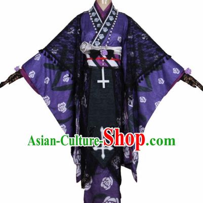 Asian Japanese Traditional Cosplay Costumes Ancient Purple Furisode Kimono Yukata Clothing for Women