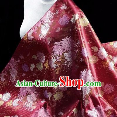 Asian Chinese Traditional Tang Suit Fabric Purplish Red Brocade Silk Material Classical Chrysanthemum Pattern Design Drapery
